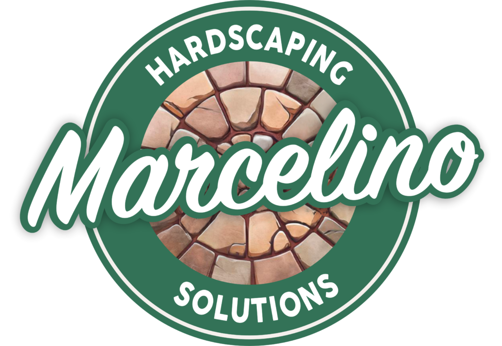 Official Marcelino Hardscaping logo with stone-textured background, representing expert hardscaping services in Central Massachusetts, the Metrowest region, and parts of Greater Boston.